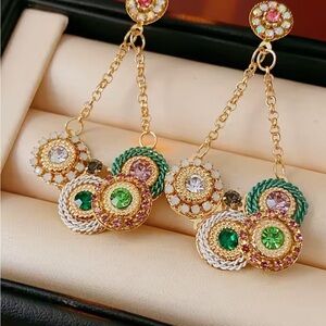 Gold Drop Earrings with Green and Pink Crystal Circles